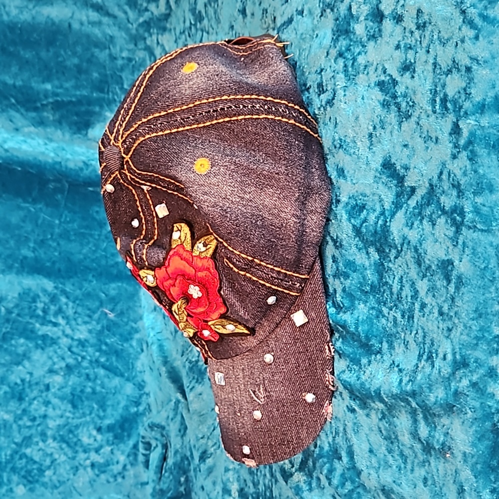 Distressed Adjustable Denim Cap Roses Rhinestone 100% Cotton - Picture 9 of 9